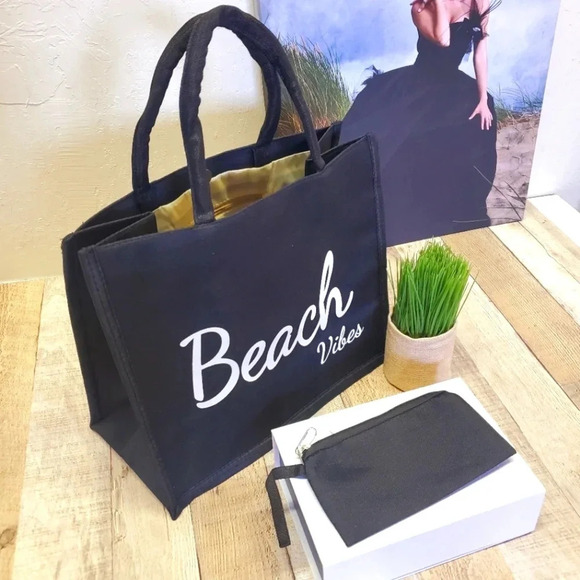 "Beach Vibes" Canvas Tote in Black sz L - Picture 2 of 5